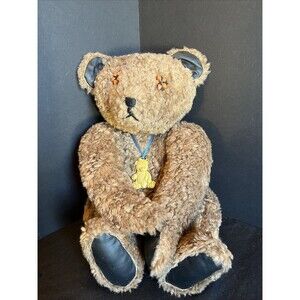 VTG Flowers Eyes Heavy Teddy Bear with Gold Color Necklace Moveable Joints 16”